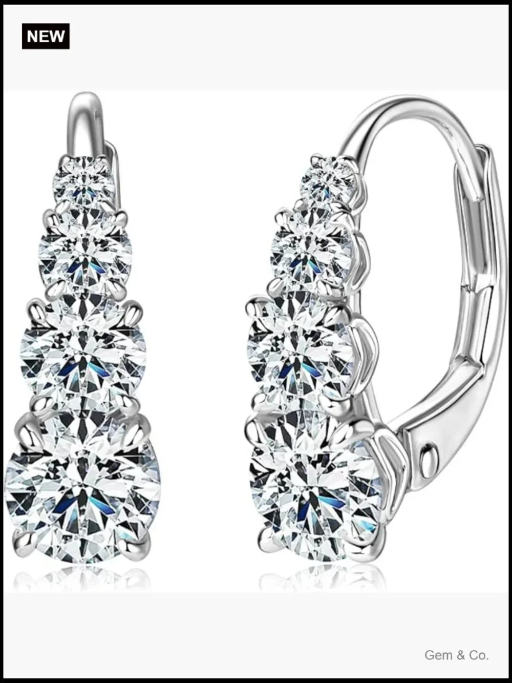 4 Stone Moissanite Hoop Earrings, 925 Sterling Silver Leverback Drop - Picture 1 of 7
